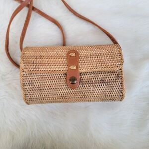 Natural Rattan/leather Hand Bag Clutch Crossbody Purse Tan/brwn Beachy Coastal